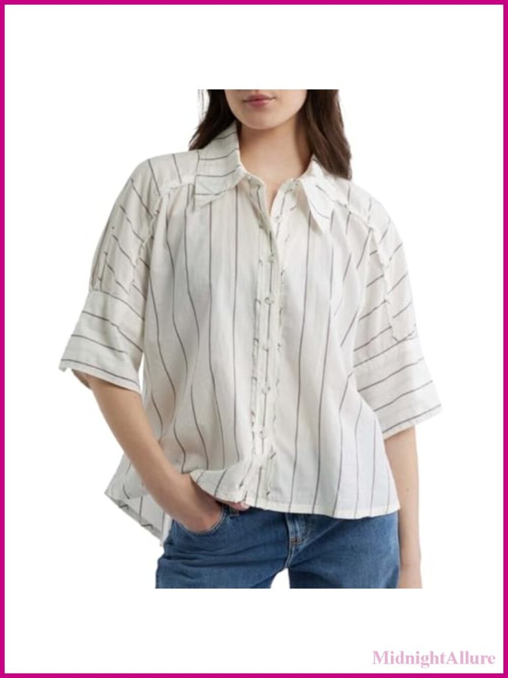 Womens Striped Oversized Cotton Button Down Shirt Short Sleeve Collared